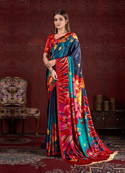 Multicolor Silk Digitally Printed Festive-Wear Vibrant Saree