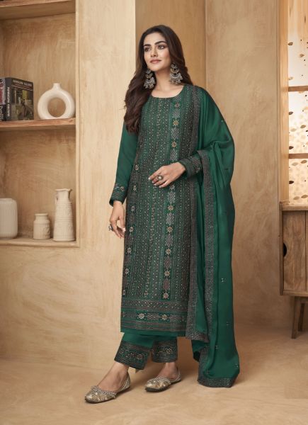 Dark Green Silk Embroidered Festive-Wear Straight-Cut Salwar Kameez
