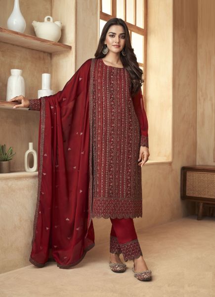Red Silk Embroidered Festive-Wear Straight-Cut Salwar Kameez