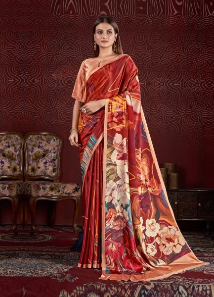 Dark Red Silk Digitally Printed Festive-Wear Vibrant Saree