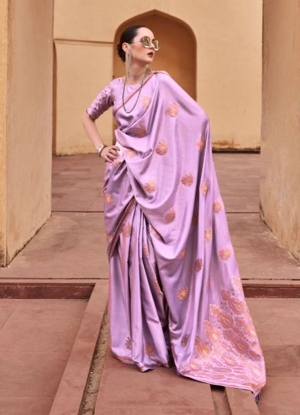 Lilac Satin Woven Party-Wear Jari Silk Saree