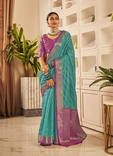 Teal Blue Banarasi Silk Festive-Wear Saree
