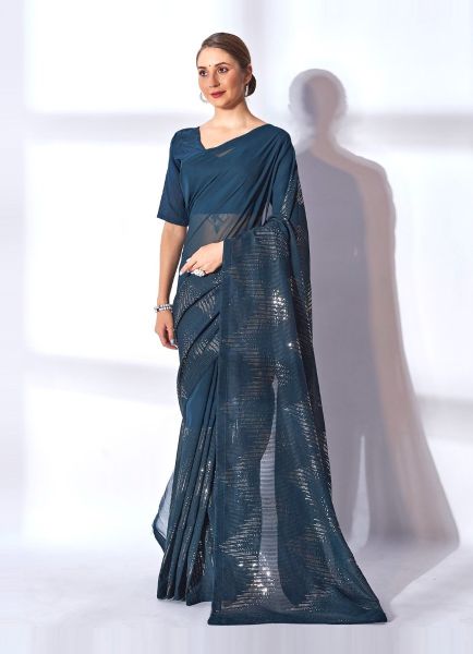 Sea Blue Georgette Sequins-Work Saree For Kitty Parties