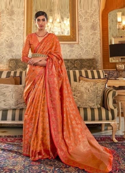 Orange Red Soft Silk Weaving Festive-Wear Saree