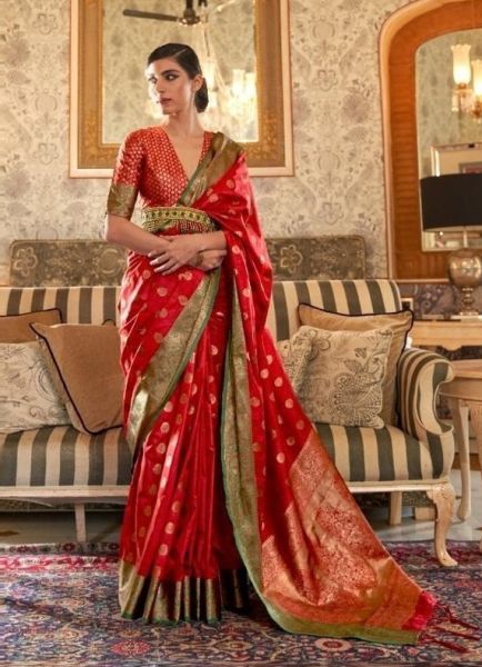 Red Soft Silk Weaving Festive-Wear Saree