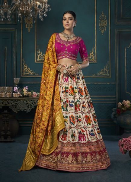 Multicolor Dola Silk Lehenga Choli With Bandhani-Dupatta For Traditional / Religious Occasions
