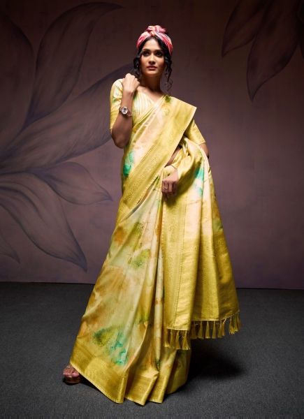 Lime Yellow Silk Digitally Printed Carnival Saree For Kitty Parties
