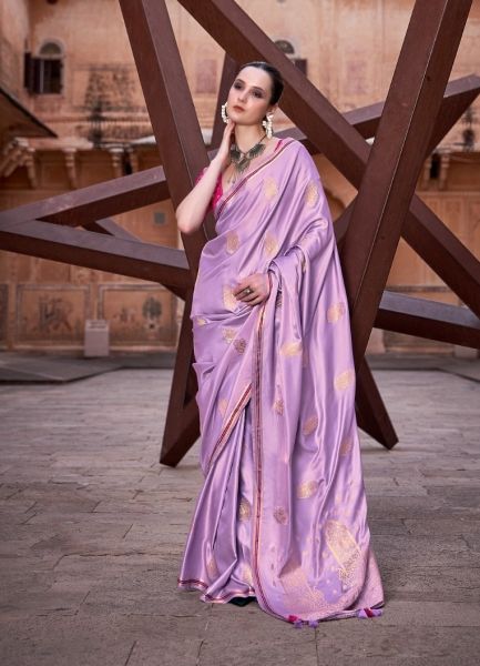 Lilac Satin Zari Silk Weaving Festive-Wear Saree