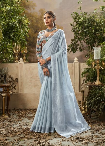 Light Steel Blue Linen Party-Wear Fashionable Saree With Printed Blouse