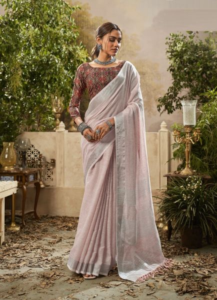 Light Baby Pink Linen Party-Wear Fashionable Saree With Printed Blouse