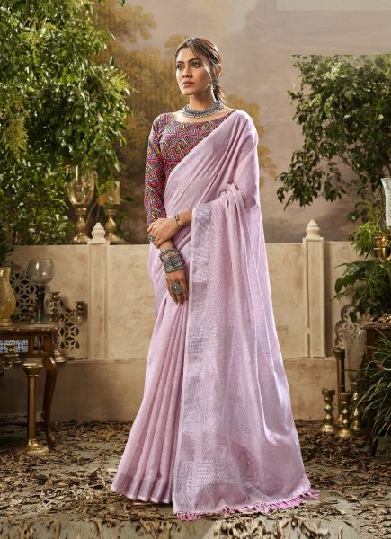 Pink Linen Party-Wear Fashionable Saree With Printed Blouse