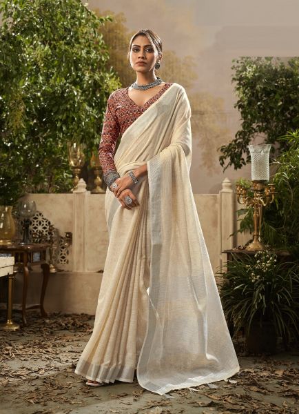 Beige Linen Party-Wear Fashionable Saree With Printed Blouse