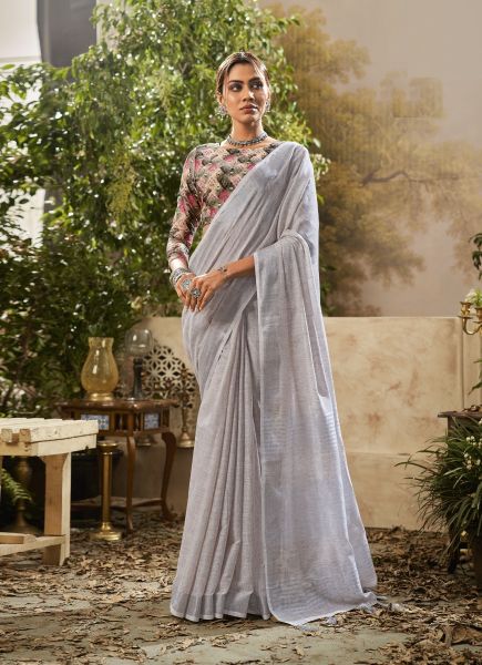 Gray Linen Party-Wear Fashionable Saree With Printed Blouse