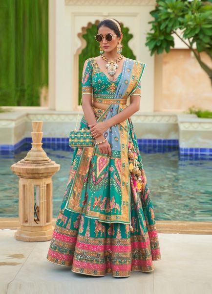 Light Teal Green Rajwadi Silk Printed Wedding-Wear Stylish Lehenga Choli With Belt