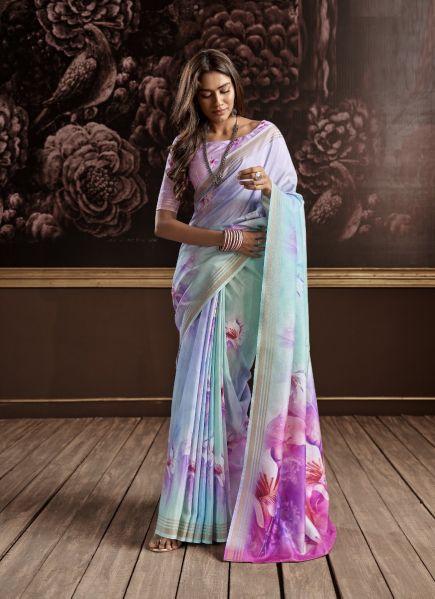 Light Aqua & Lilac Pure Handloom Silk Digitally Printed Party-Wear Floral Saree