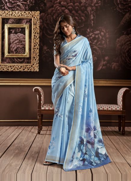 Light Sky Blue Pure Handloom Silk Digitally Printed Party-Wear Floral Saree