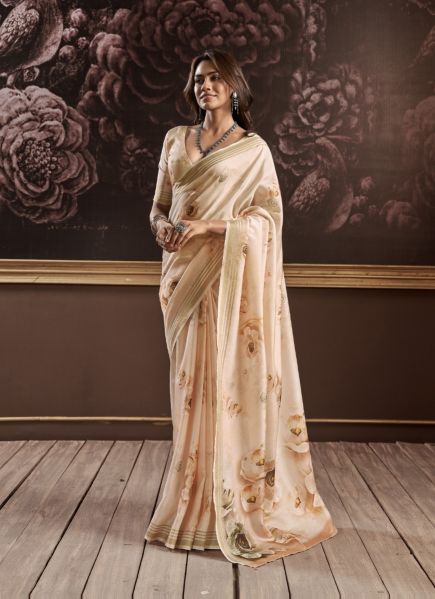 Beige Pure Handloom Silk Digitally Printed Party-Wear Floral Saree
