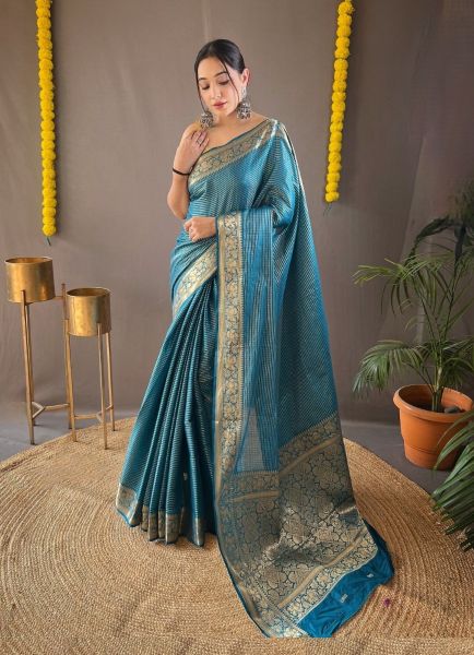 Sea Blue Soft Woven Silk Saree For Traditional / Religious Occasions