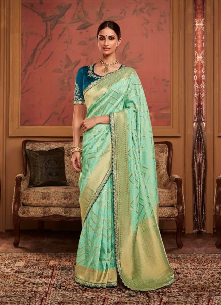 Mint Green Dola Silk Embroidered Party-Wear Saree