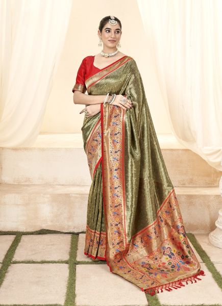 Olive Green Woven Paithani Tissue Silk Saree For Traditional / Religious Occasions