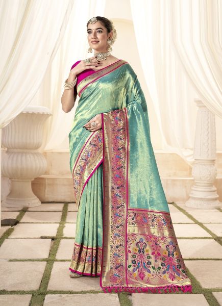 Teal Blue Woven Paithani Tissue Silk Saree For Traditional / Religious Occasions