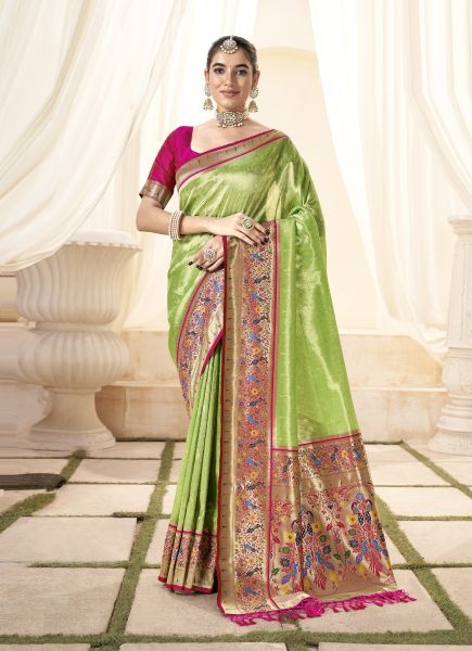 Lime Green Woven Paithani Tissue Silk Saree For Traditional / Religious Occasions