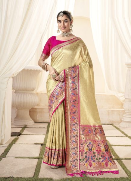 Cream Woven Paithani Tissue Silk Saree For Traditional / Religious Occasions