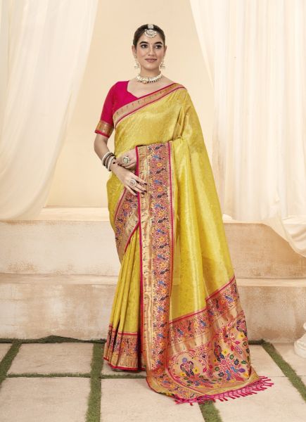 Yellow Woven Paithani Tissue Silk Saree For Traditional / Religious Occasions