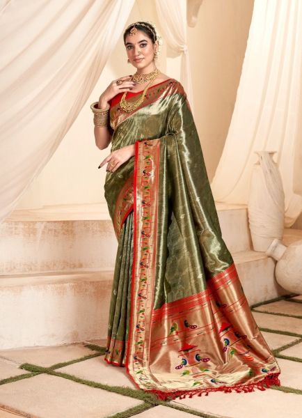 Dark Green Soft Tissue Woven Paithani Silk Saree For Traditional / Religious Occasions