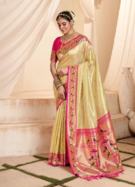 Cream Soft Tissue Woven Paithani Silk Saree For Traditional / Religious Occasions