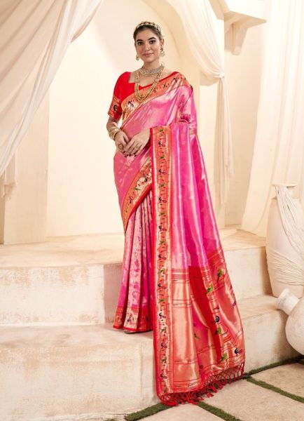 Magenta Soft Tissue Woven Paithani Silk Saree For Traditional / Religious Occasions