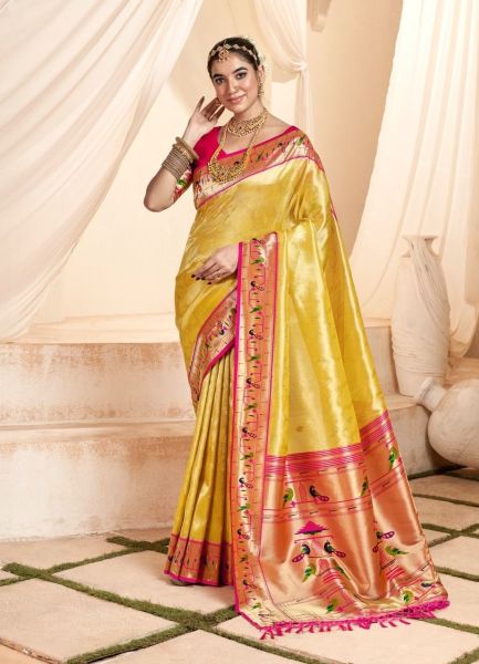 Yellow Soft Tissue Woven Paithani Silk Saree For Traditional / Religious Occasions