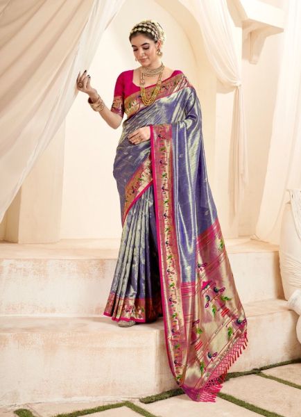Violet Soft Tissue Woven Paithani Silk Saree For Traditional / Religious Occasions