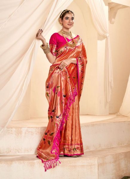 Coral Soft Tissue Woven Paithani Silk Saree For Traditional / Religious Occasions