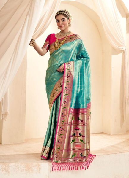 Teal Blue Soft Tissue Woven Paithani Silk Saree For Traditional / Religious Occasions
