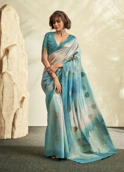 Teal Blue Pure Handloom Khadi Silk Digitally Printed Party-Wear Saree