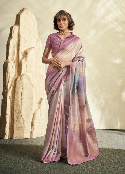 Light Mauve Pure Handloom Khadi Silk Digitally Printed Party-Wear Saree