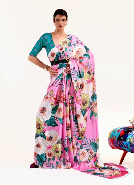Pink Silk Digitally Printed Resort-Wear Vibrant Saree