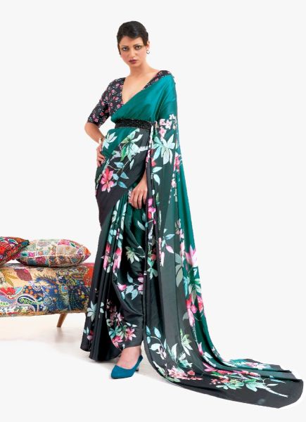 Dark Green Silk Digitally Printed Resort-Wear Vibrant Saree