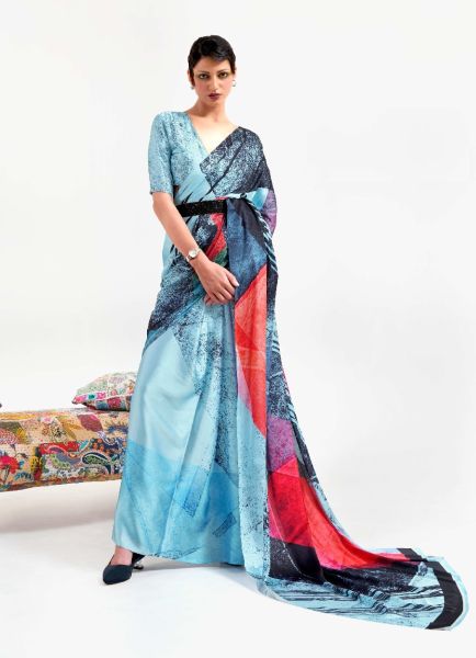 Sky Blue Silk Digitally Printed Resort-Wear Vibrant Saree