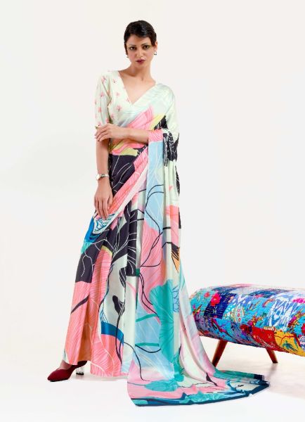 Multicolor Silk Digitally Printed Resort-Wear Vibrant Saree