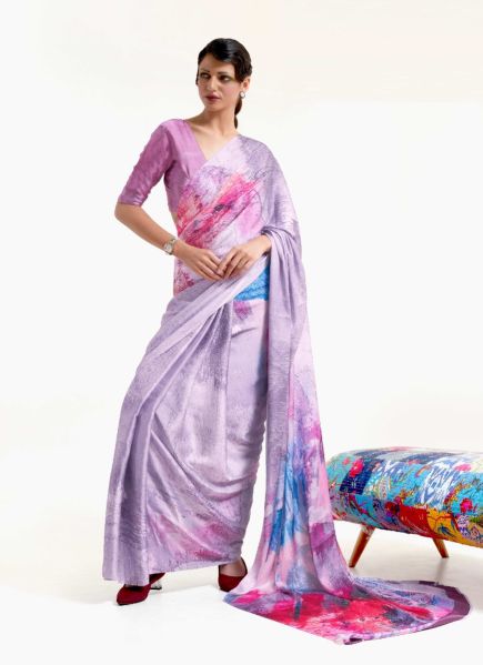 Lilac Silk Digitally Printed Resort-Wear Vibrant Saree