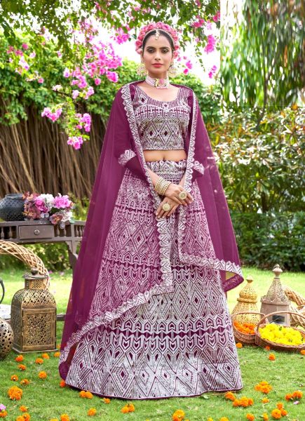 Purple Net Thread-Work Festive-Wear Reception Lehenga Choli