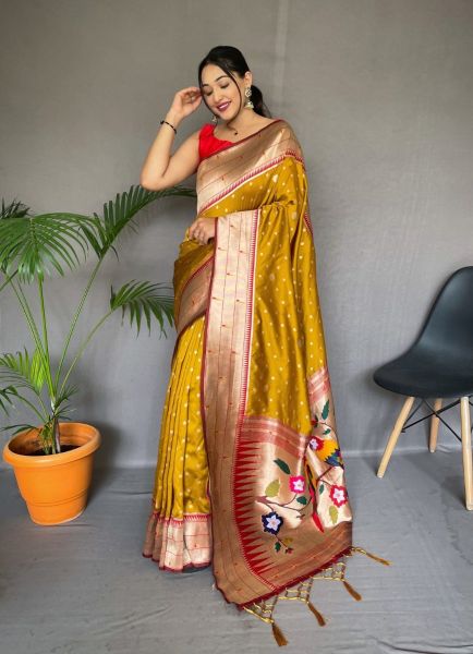 Golden Paithani Silk Weaving Festive-Wear Saree