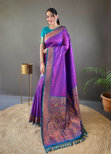 Violet Woven Paithani Silk Saree For Traditional / Religious Occasions