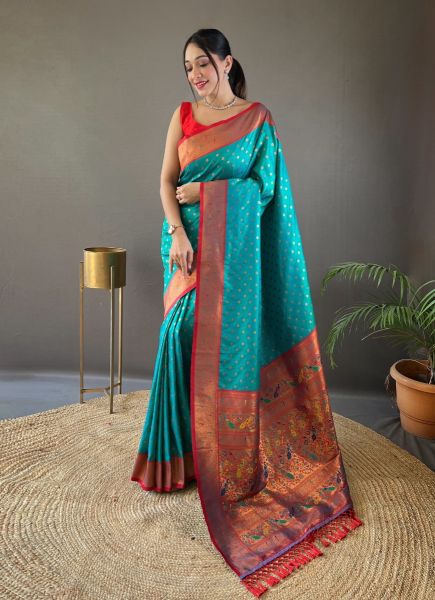 Aqua Woven Paithani Silk Saree For Traditional / Religious Occasions