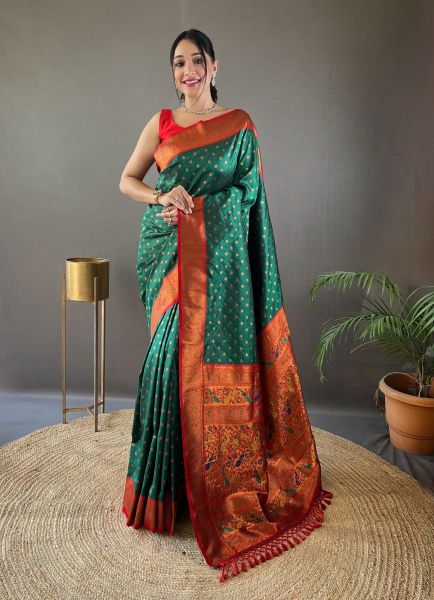 Teal Green Woven Paithani Silk Saree For Traditional / Religious Occasions