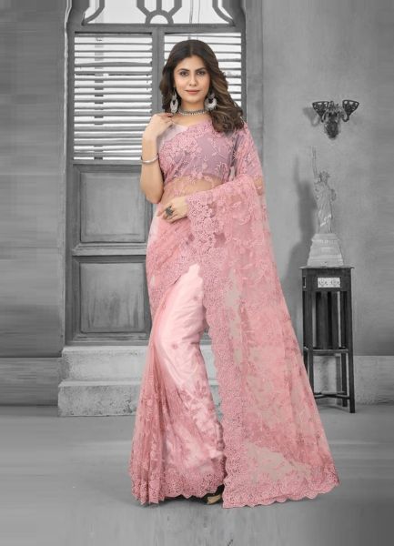 Pink Net With Embroidery & Stone Work Party-Wear Boutique Saree