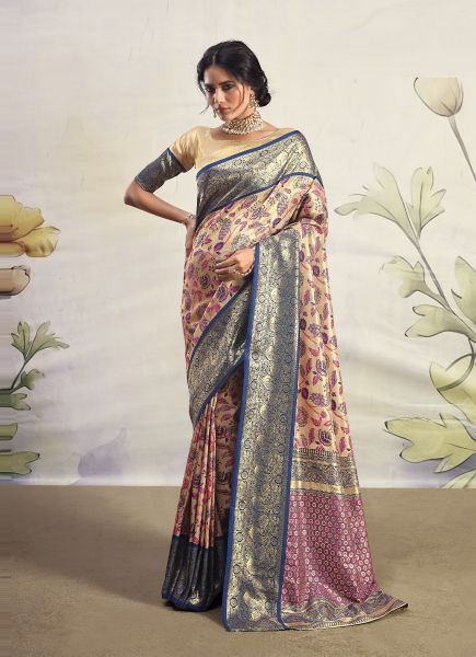Cream & Blue Dharmavaram Banarasi Silk Weaving Saree For Traditional / Religious Occasions