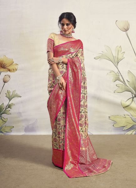 Cream & Magenta Dharmavaram Banarasi Silk Weaving Saree For Traditional / Religious Occasions